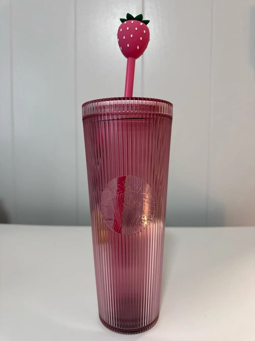 Starbucks Pink Ribbed Strawberry Tumbler with Strawberry Top Straw